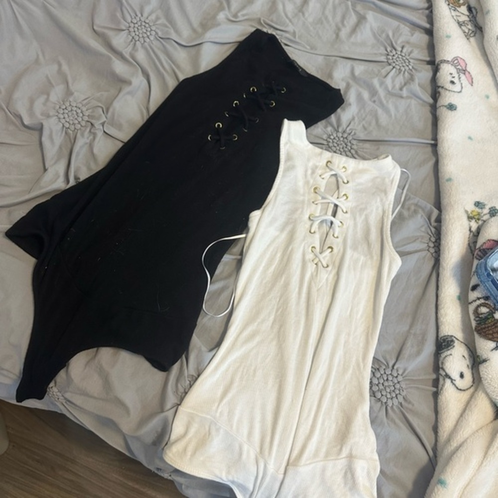 Guess Black and White Asymmetrical Lace-Up bodysuit